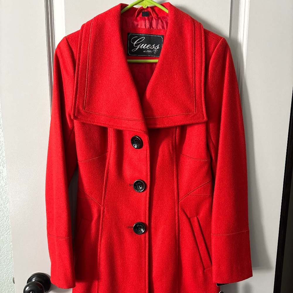Red Wool Pea Coat by Guess